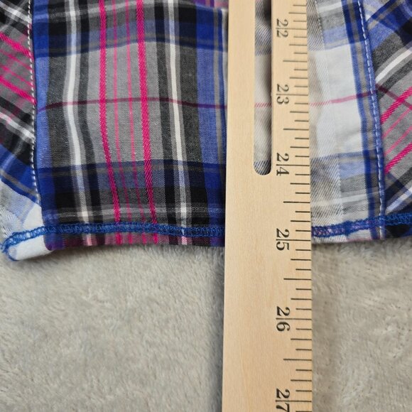 Adiktd Western Top Womens Medium Pink Blue Plaid Embellished Rhinestone Yoke - Picture 7 of 16